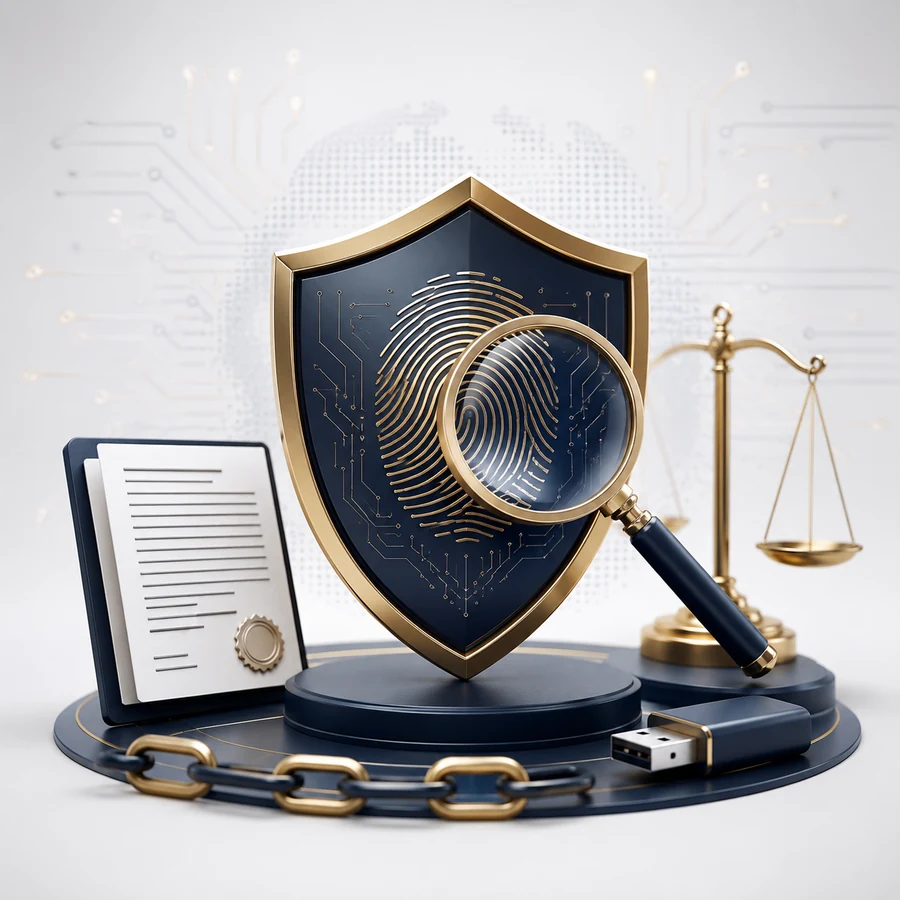 Símbolos de perícia digital, integridade, cadeia de custódia e justiça